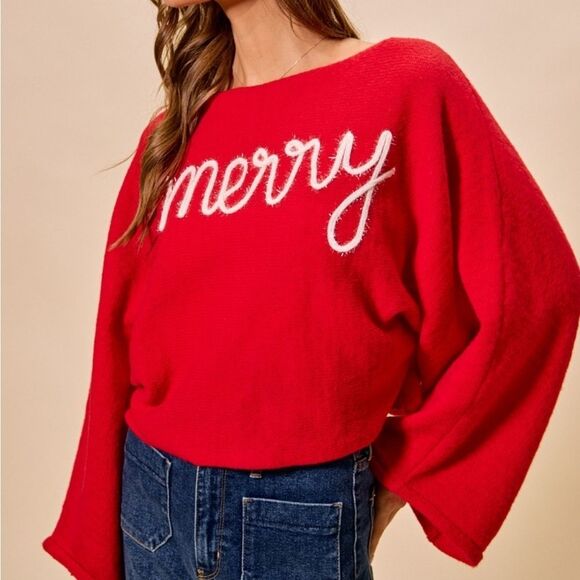 SO ME Tinsel Letters Cozy Christmas Sweater Baggy Top Red 'Merry' Text size XL - Picture 5 of 11